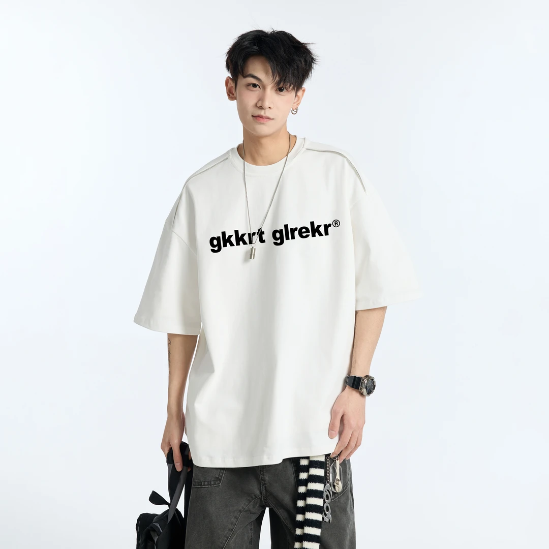 GL重磅立体印花纯棉短袖T恤男潮牌宽松夏季薄款休闲五分袖上衣