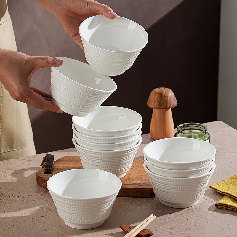 句途10个4.8英寸白色浮雕碗外贸吃饭碗家用ins风网红面碗加厚防烫