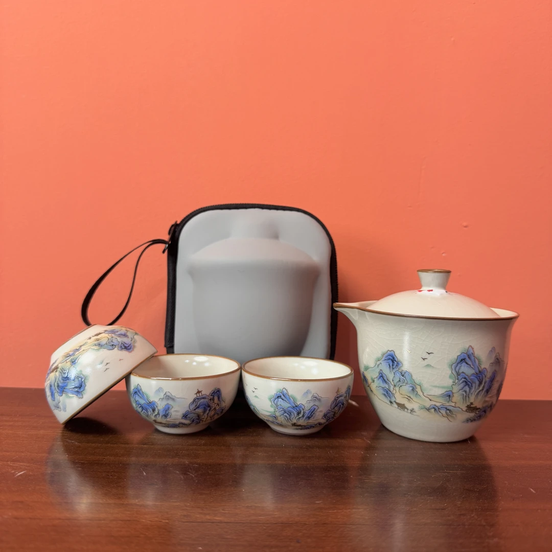 AA003黄汝窑千里江山鲤鱼一壶三杯便携式茶壶D