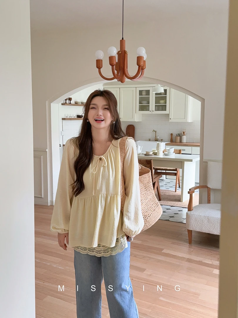 应小姐【云间甜歌】微胖大码女装韩系温柔风气质款百搭纯色长袖小衫