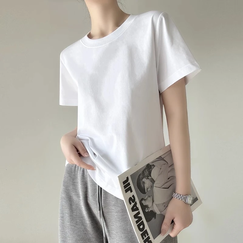 极简圆领正肩棉质后缝线t恤女短袖通勤宽松休闲打底衫叠穿T上衣