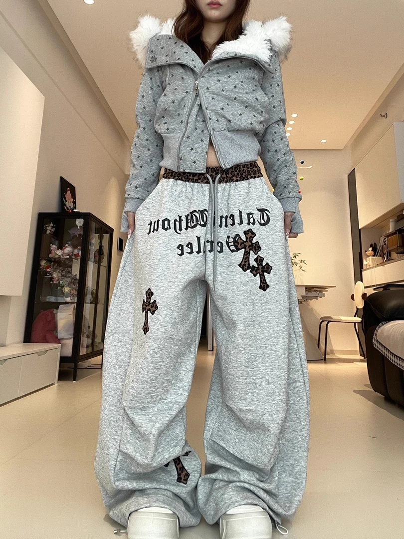 BINXLAN豹纹刺绣假两件美式复古裤子女灰色休闲运动卫裤宽松阔腿