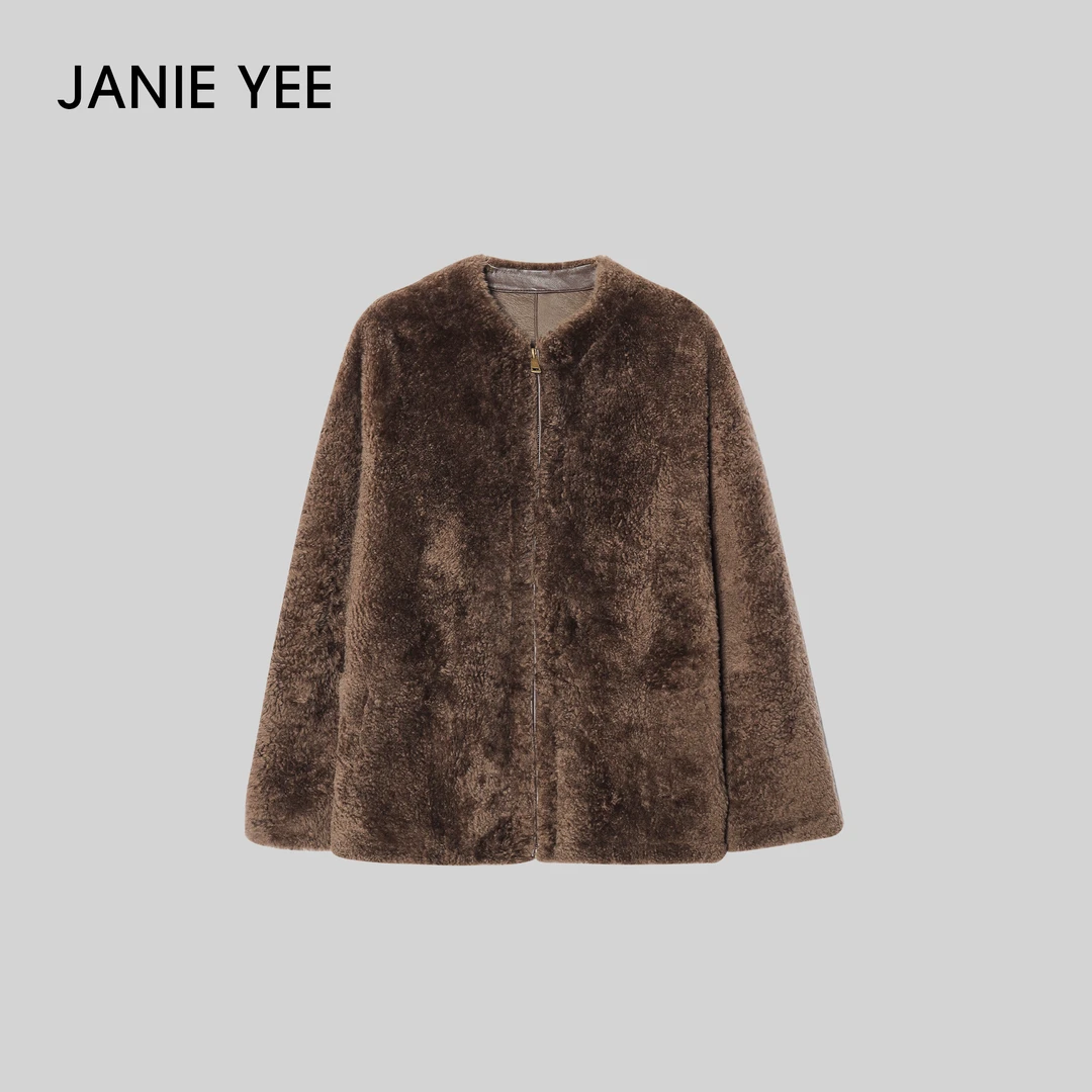 Janie Yee“超幼摩卡”进口小拉贡一体短款外套女冬 24A2575