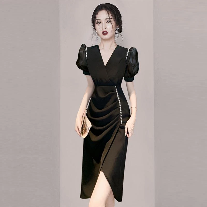 赫本风名媛气质褶皱中长款连衣裙女2025夏季新款高端女装轻奢复古