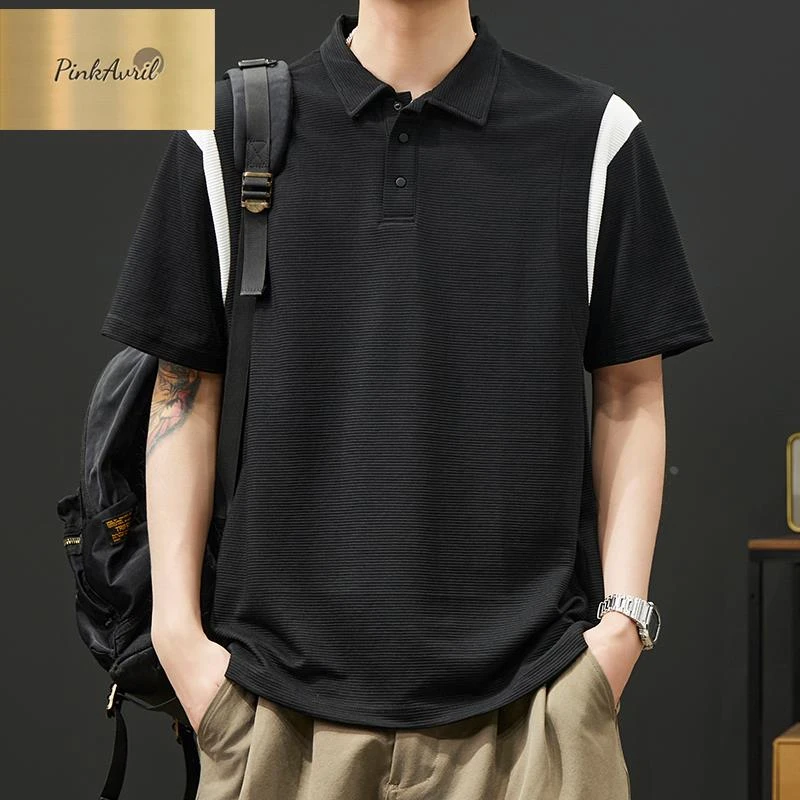 PinkAvril冰丝POLO衫男2025新款宽松透气短袖T恤男生夏季薄款男生