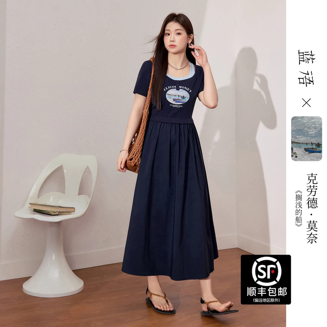 【莫奈联名】大码女装休闲印花加大加宽假两件收腰显瘦撞色连衣裙