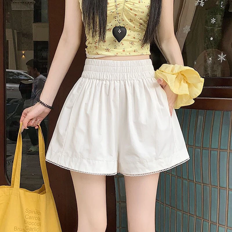 2025夏季新款高腰下摆花边短裤显瘦阔腿裤休闲裤宽松休闲热裤百搭