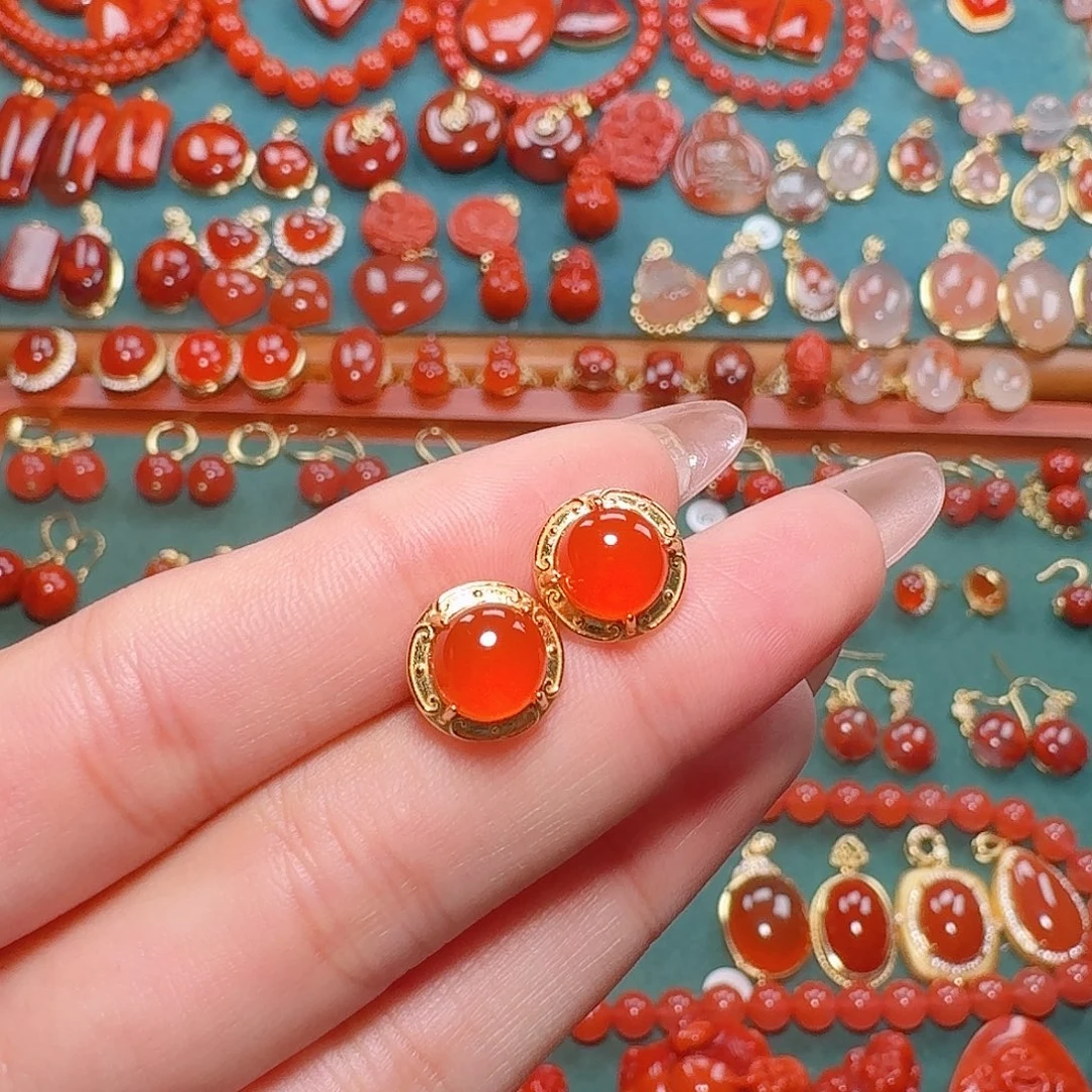 南红玛瑙银S925镶嵌耳饰