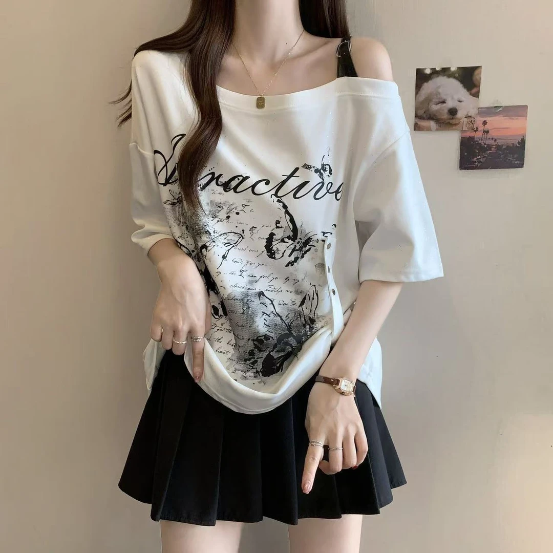 大码美式露肩正肩短袖t恤女夏季2025新款胖mm宽松遮肉遮肚子上衣