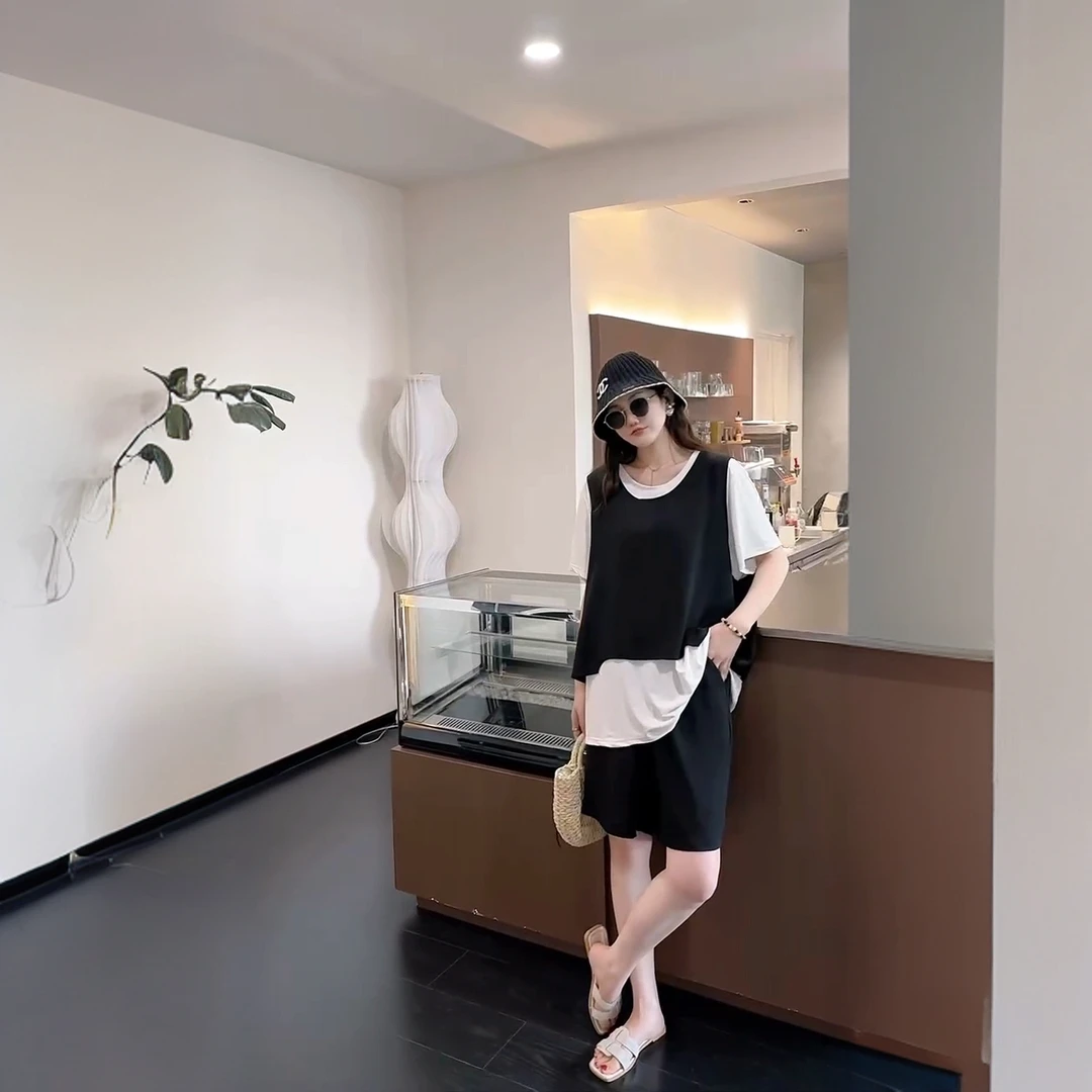 XPP大码特体130-280斤时尚撞色减龄宽松三件套（短袖/短裤/马甲）