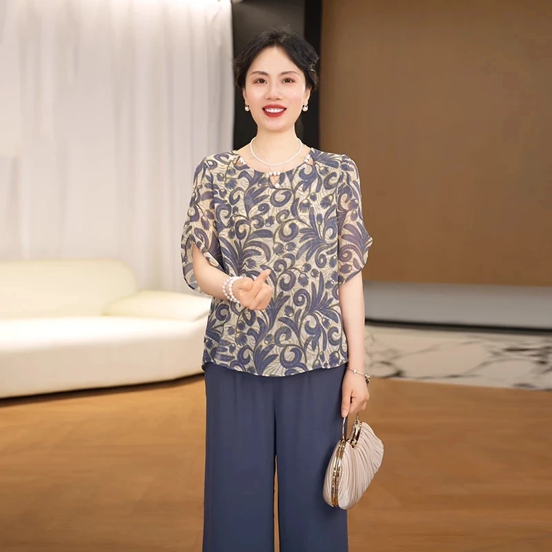 母亲节妈妈装气质小衫套装夏季新款时尚印花短袖显瘦高级两件套