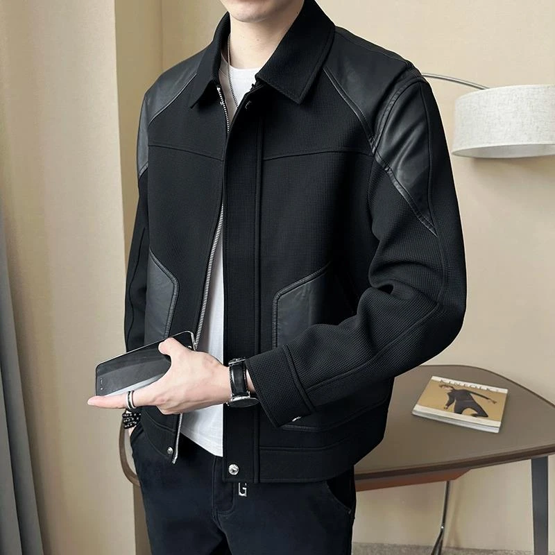 【TQUX官方正品】痞帅PU皮拼接夹克外套男潮牌潮流高级感针织上衣