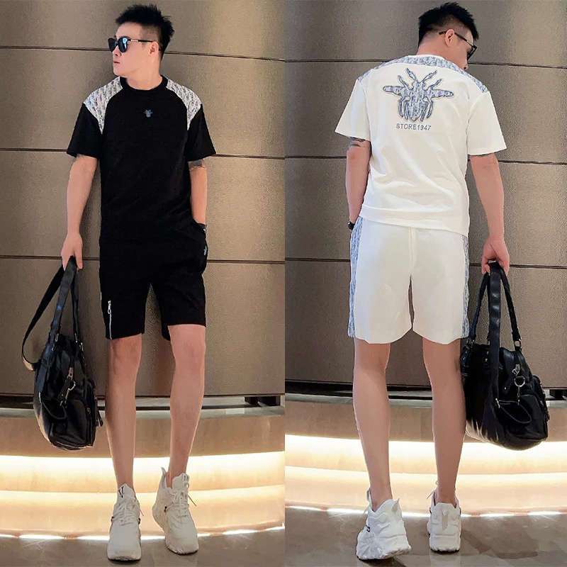 潮牌拼接短袖短裤两件套男夏季时尚宽松弹力青年帅气百搭休闲套装