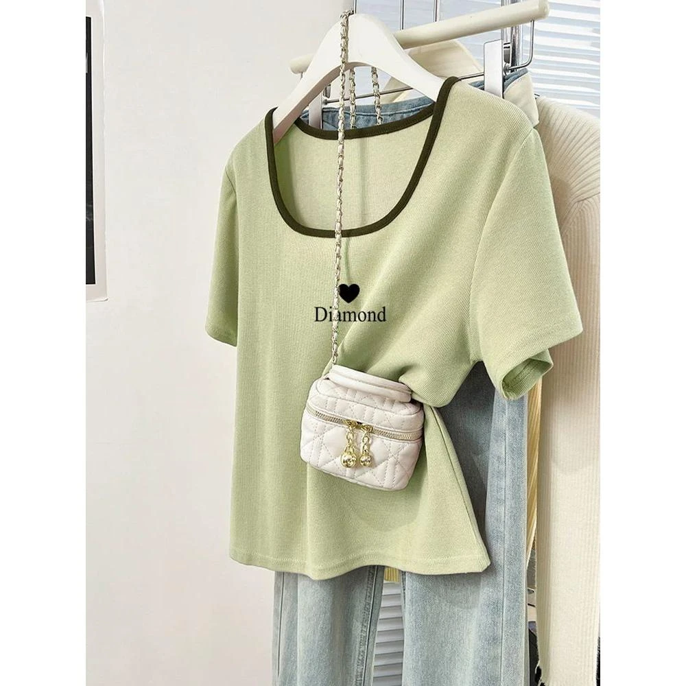 方领撞色正肩短袖t恤女2025新款设计感小众漏锁骨显瘦上衣夏季潮