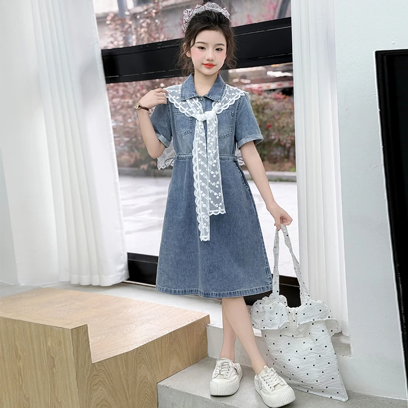 女童连衣裙夏季新款中大童女孩洋气百搭牛仔连衣裙儿童夏天裙子