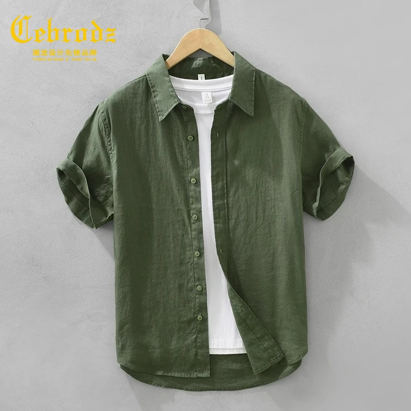 法国Cebrodz男士衬衫宽松透气短袖上衣文艺高品质休闲纯色衬衣男