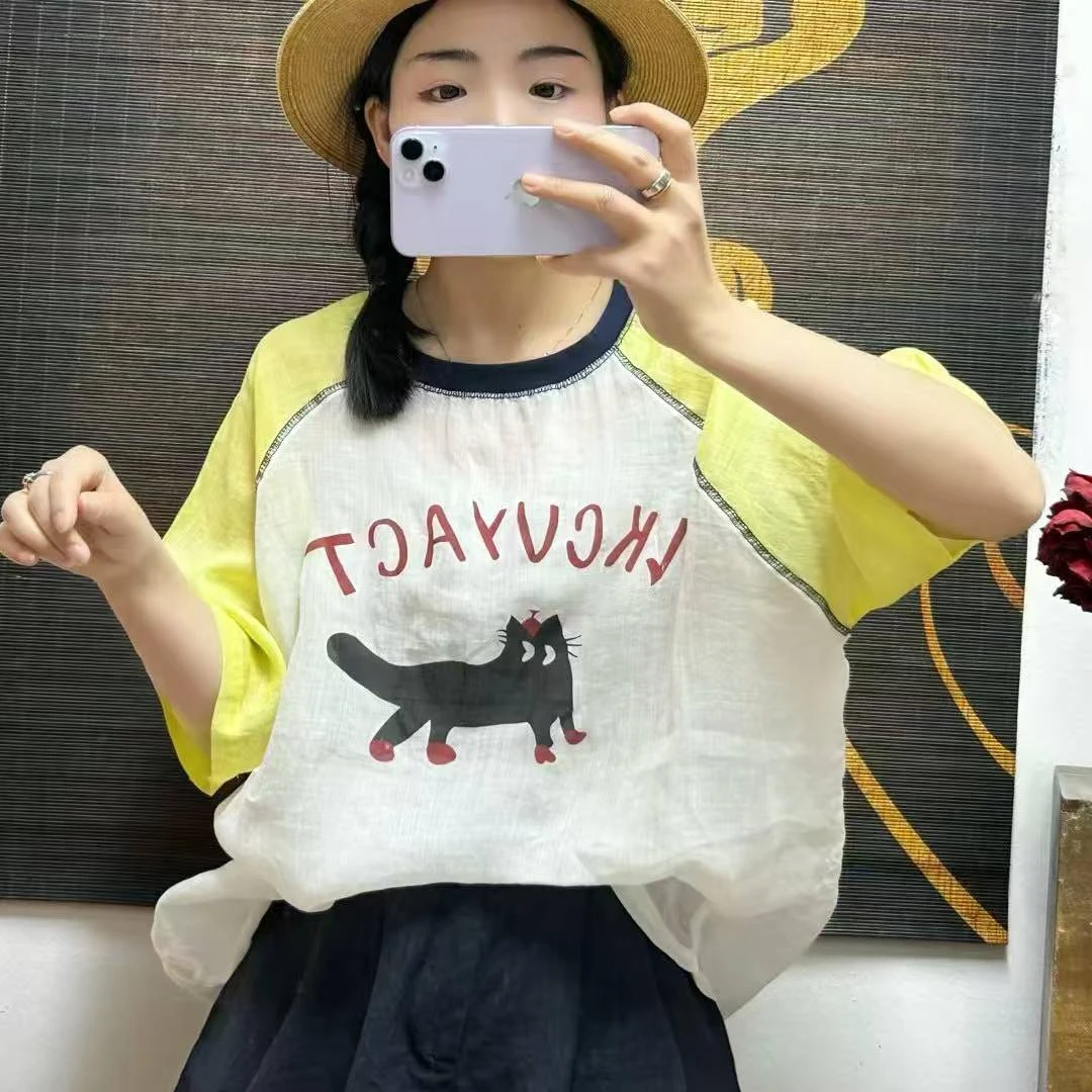 夏季撞色印花休闲宽松苎麻圆领短袖