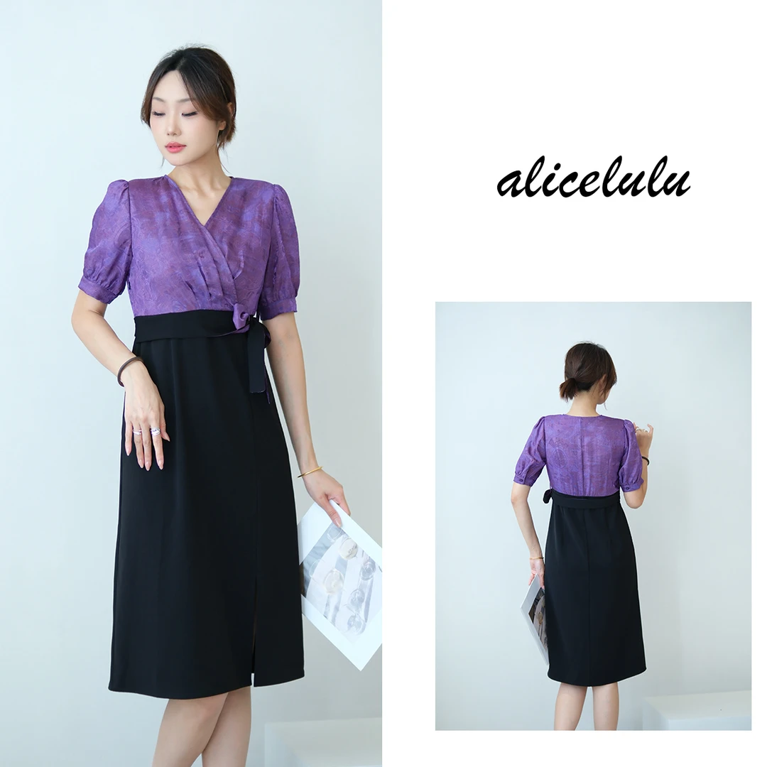 6alicelulu气质轻熟V领泡泡袖连衣裙收腰系带显瘦S2143721W