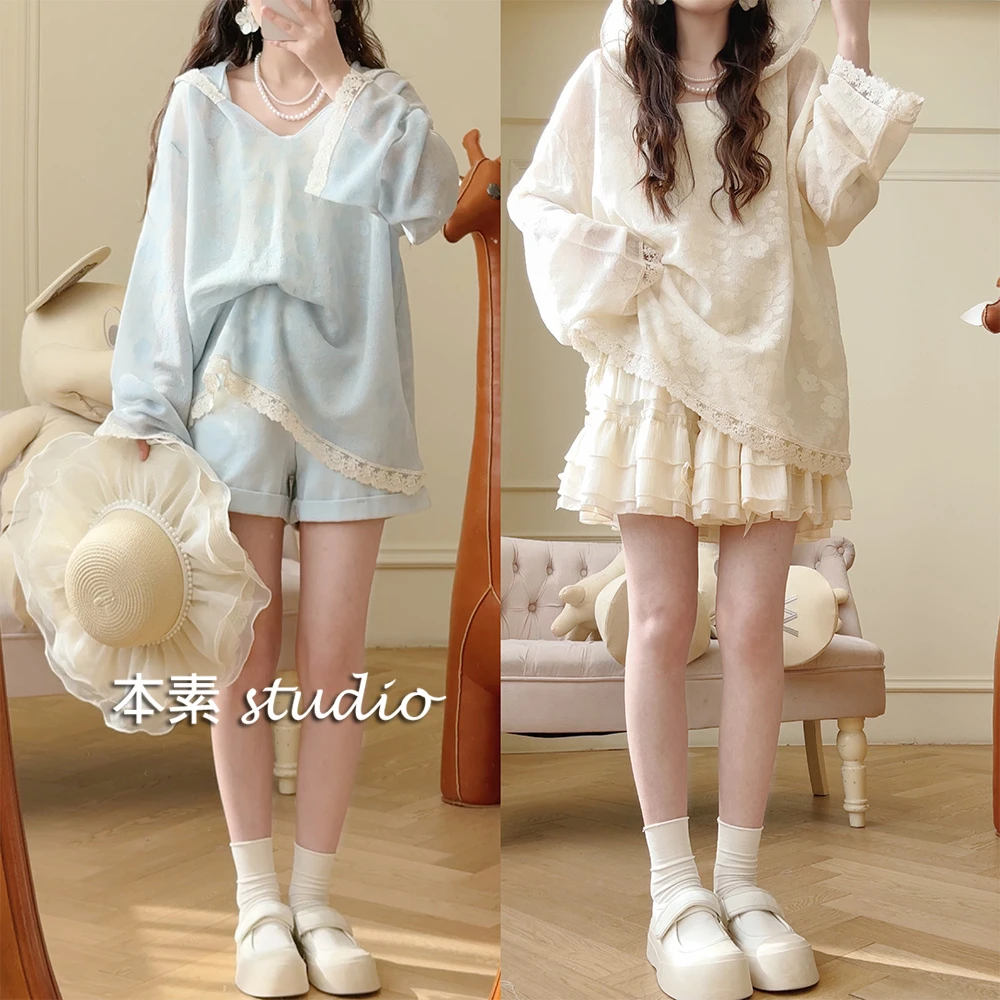 星晴C4179亮丝提花蕾丝边薄款针织连帽长袖T恤