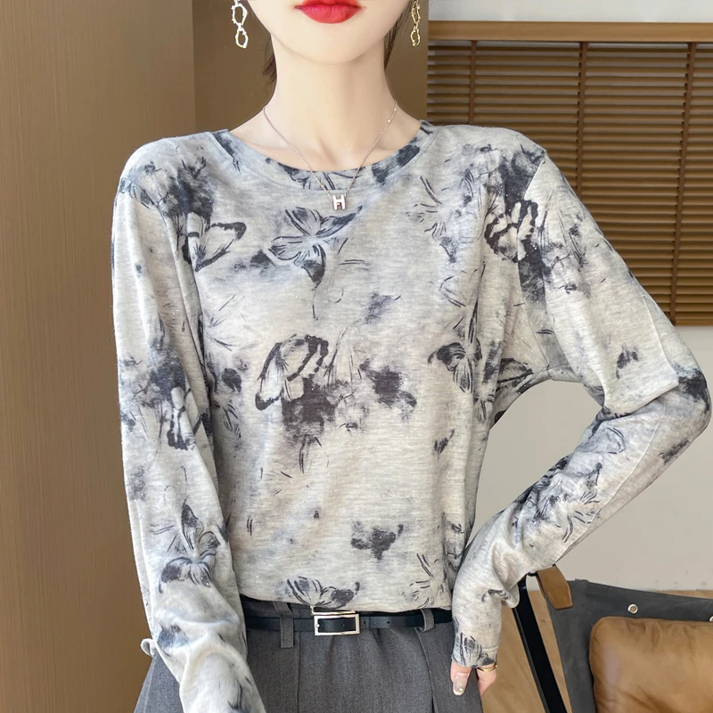 圆领水墨莱赛尔天丝薄款长袖水溶印花针织衫打底女上衣内搭洋气款