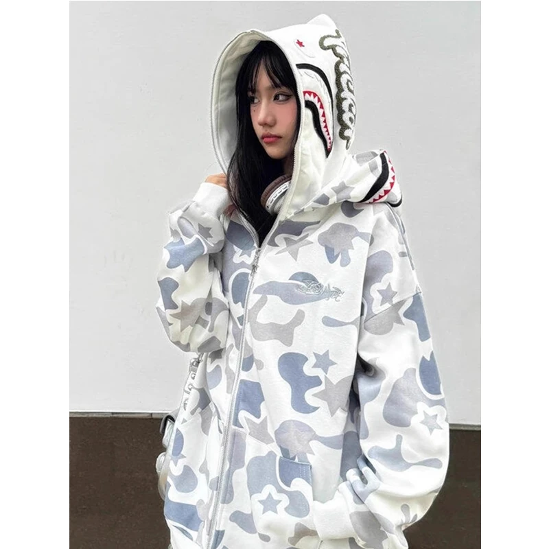 鲨鱼头双帽设计开衫卫衣男款春秋季美式cleanfit白灰迷彩情侣外套