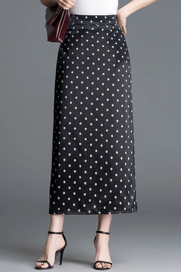 夏季新款洋气波点缎面高腰开叉直筒包臀女士半身长裙