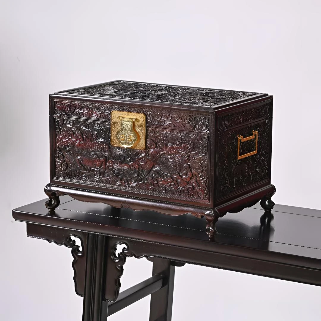 源艺红木大红酸枝立体精雕龙凤大号百宝箱