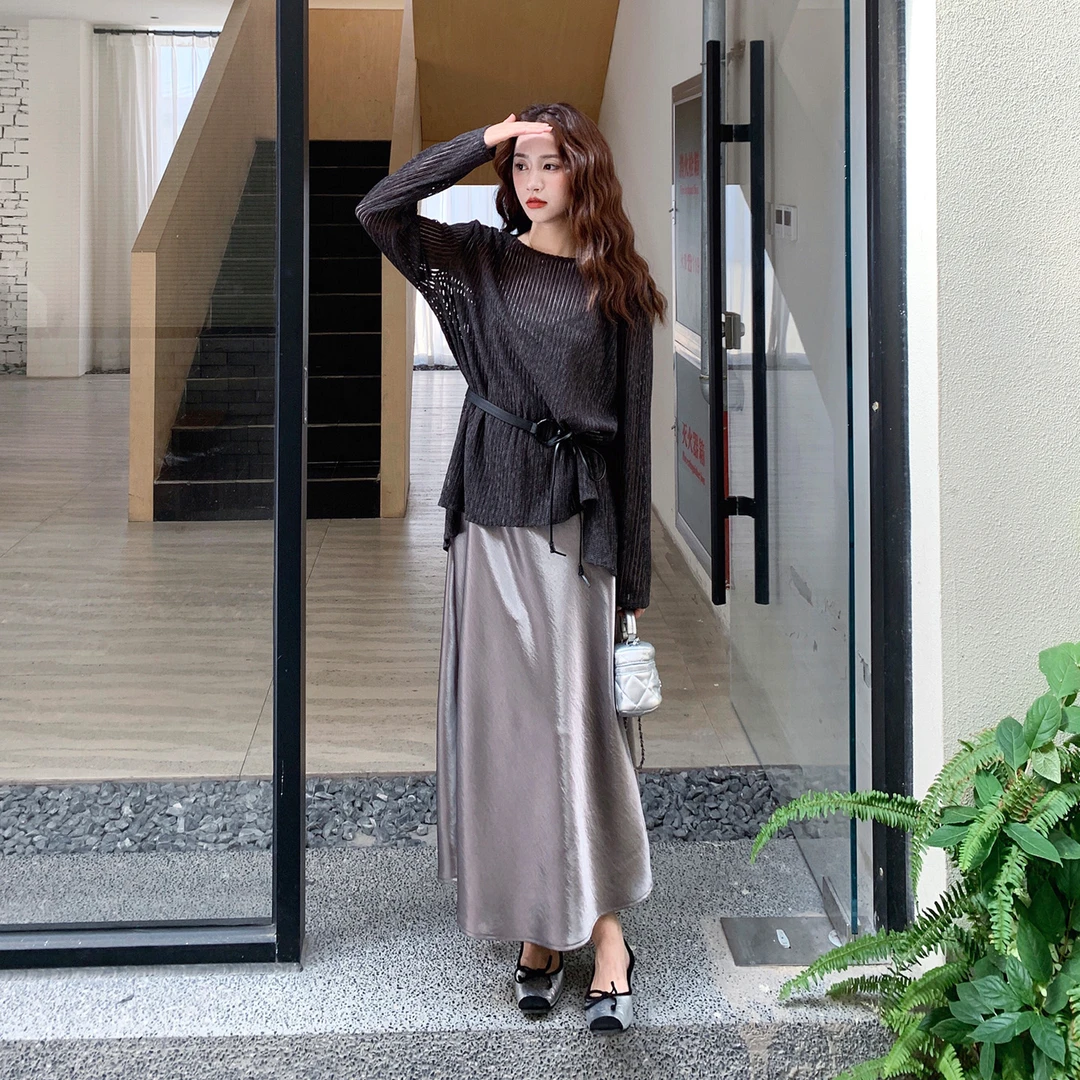 韩系黑色镂空系带罩衫吊带长裙套装2025早秋轻熟氛围感显瘦两件套