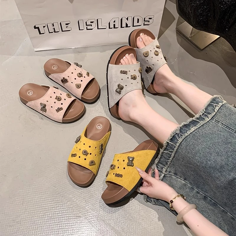 F250608厚底拖鞋女2025新款真皮外穿时尚勃肯凉鞋一脚蹬女士防滑