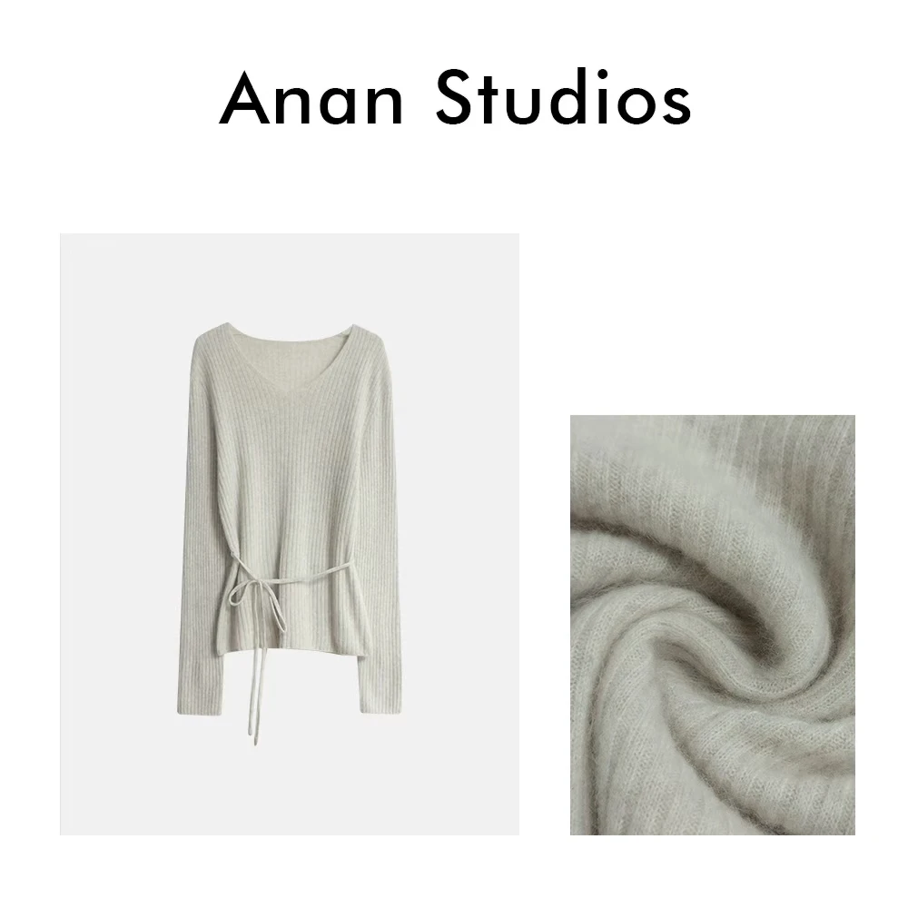 Anan Studios【静舒】小众设计V领腰间系绳羊毛上衣带腰绳 5526