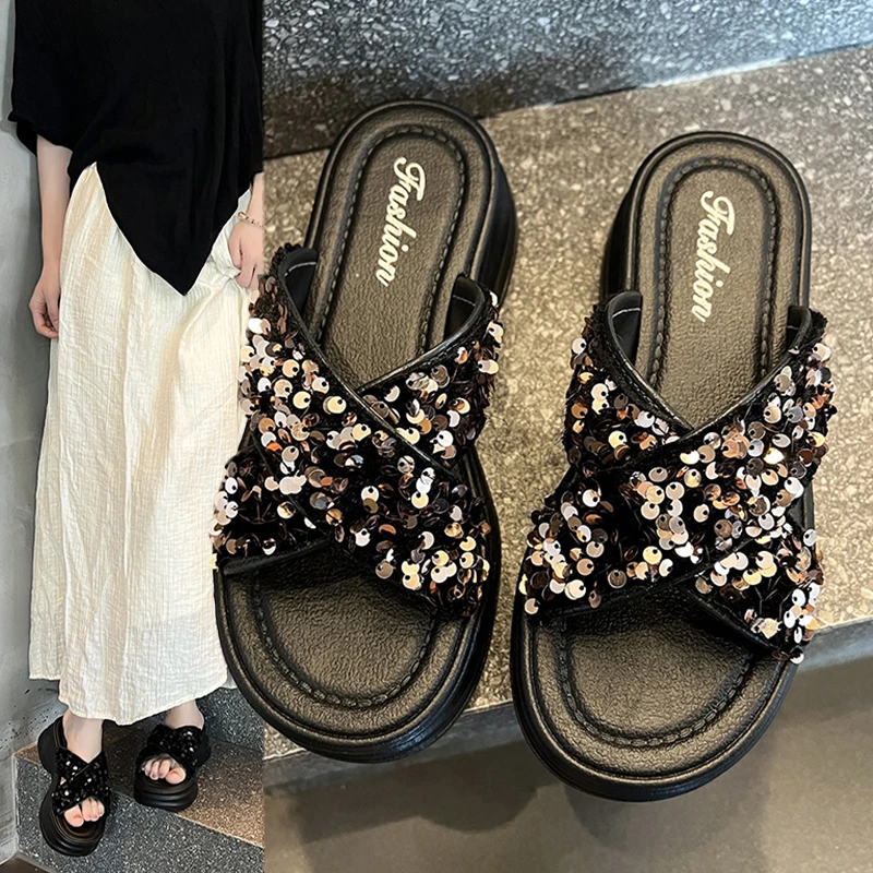 2025年828-3交叉亮片网红时尚百搭夏季软底外穿厚底仙女风女凉鞋