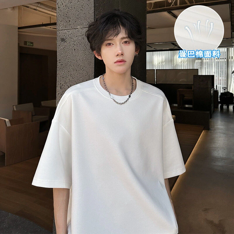 日系短袖T恤夏季男生新款宽松纯色打底衫休闲简约百搭潮流上衣