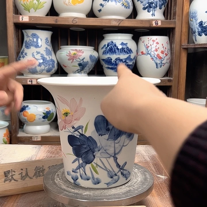 陶斗笠青花荷花陶瓷