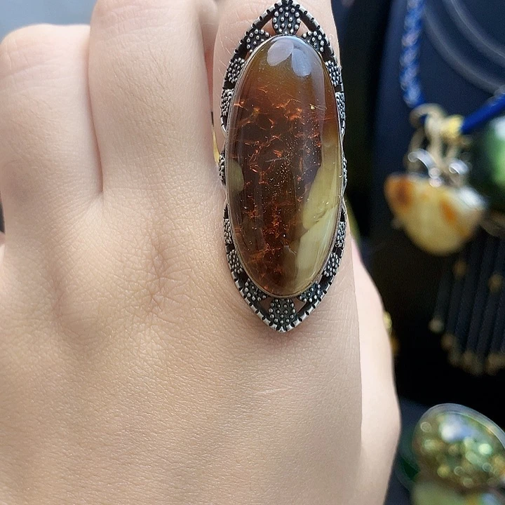 银S925镶嵌琥珀裸石戒指