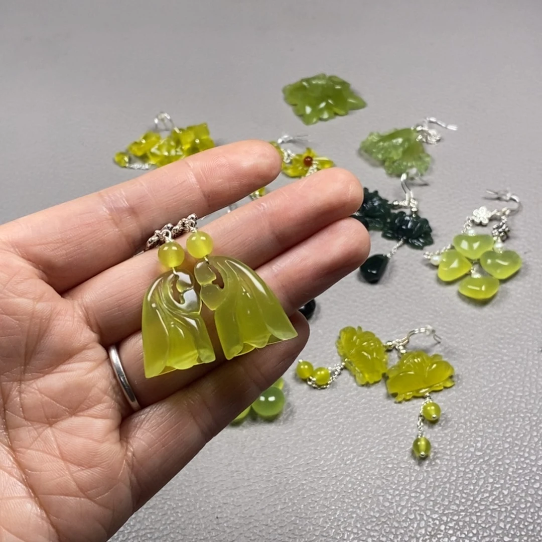 蛇纹石玉银S925镶嵌挂件耳饰