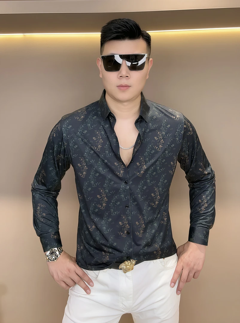 【泡面锅男装】2025秋季男士新款时尚印花弹力修身长袖衬衣 5052