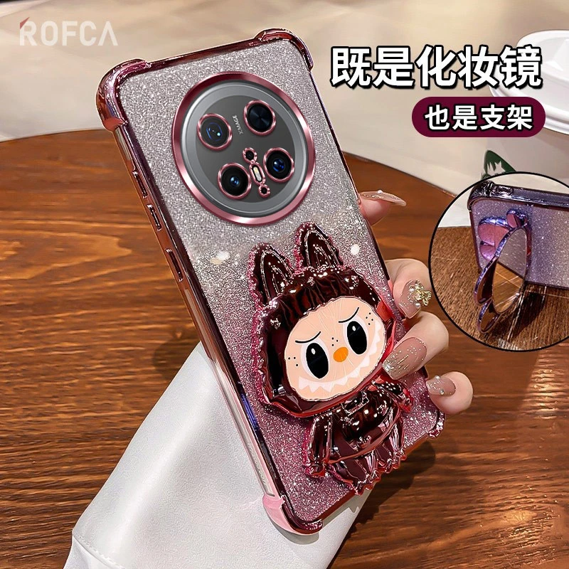 适用华为Mate70Pro优享版手机壳新款拉布布镜子支架闪粉全包防摔