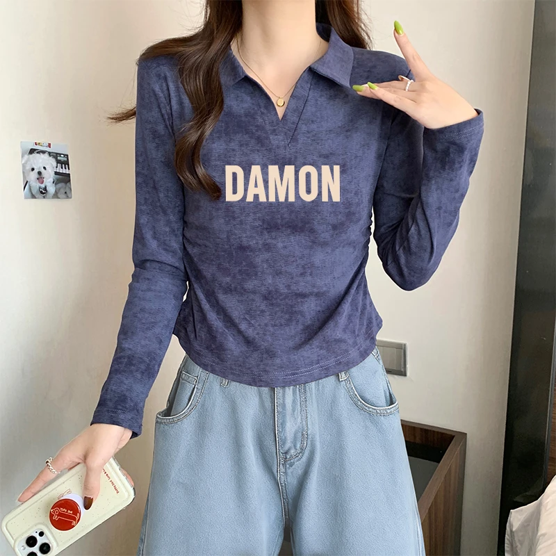 polo翻领正肩扎染长袖女t恤秋季褶皱弧形下摆显瘦修身打底衫上衣