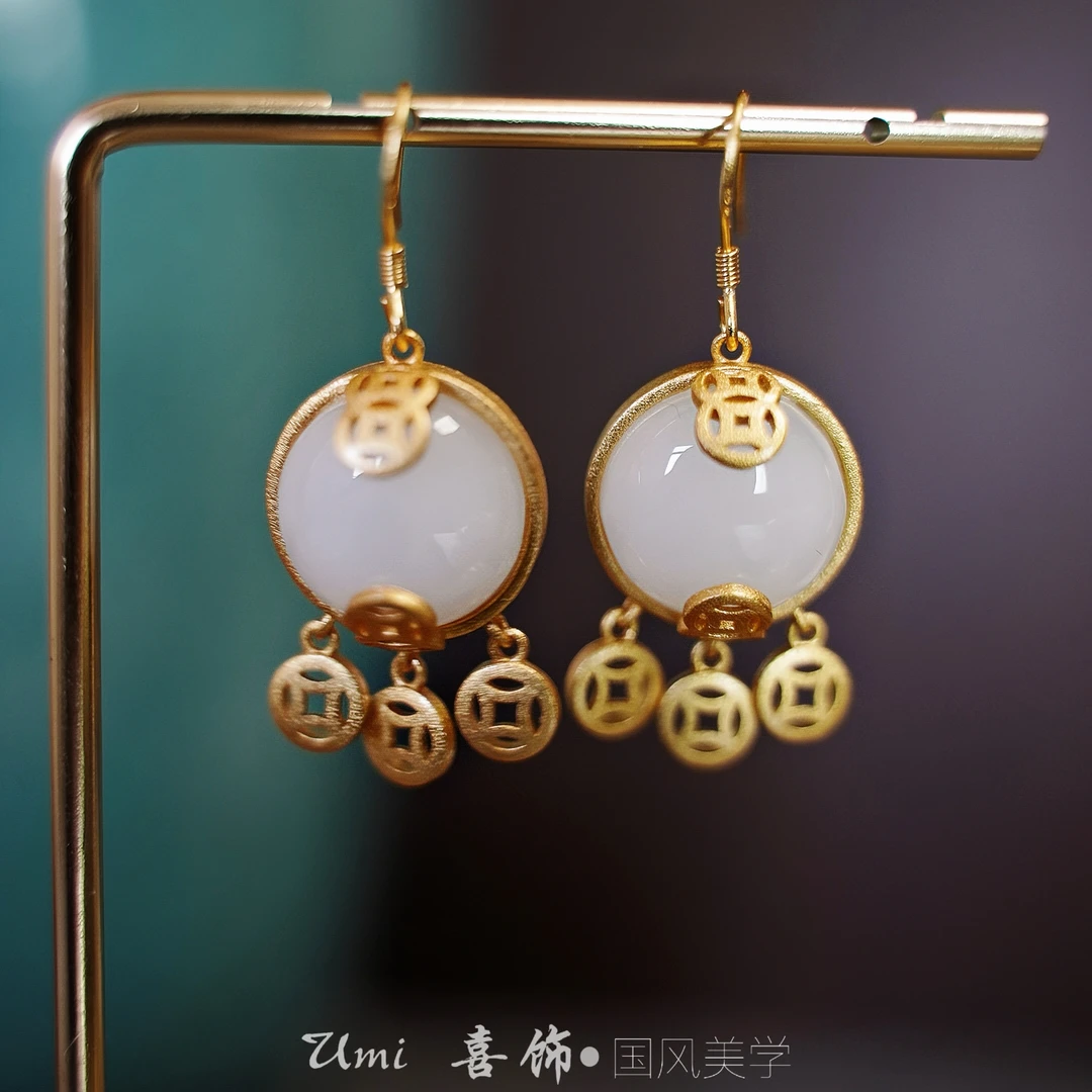 铜合金耳饰 新中式S925银针复古钱多多设计耳饰耳环饰品古风国风