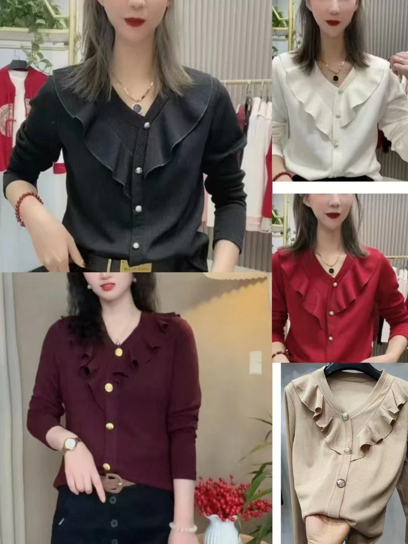 春款小衫长袖V领气质搭配荷叶边