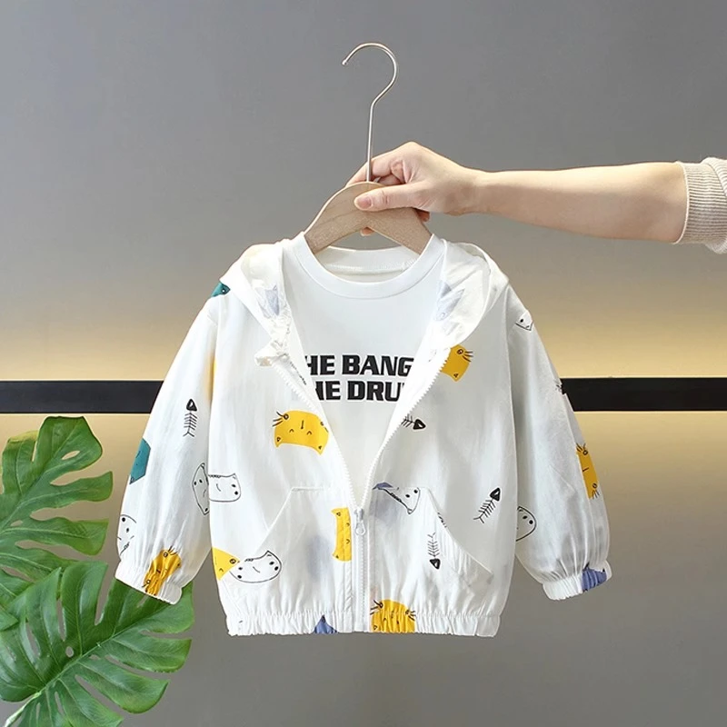 儿童夏季全棉薄款连帽上衣卡通款休闲空调衫透气防蚊衣小童防晒衣