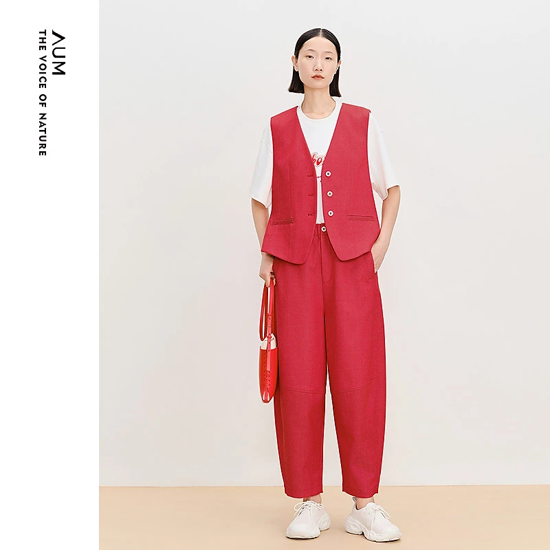 AUM/噢姆新品圣女果红中式复古宽松休闲直筒裤M1FZ12165