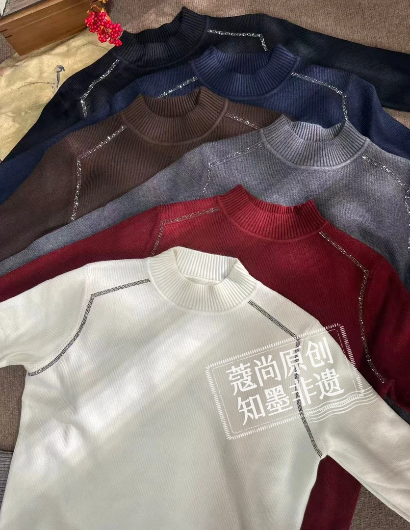 冬季新款新中式国风宽松显瘦螺纹半高领加厚针织上衣