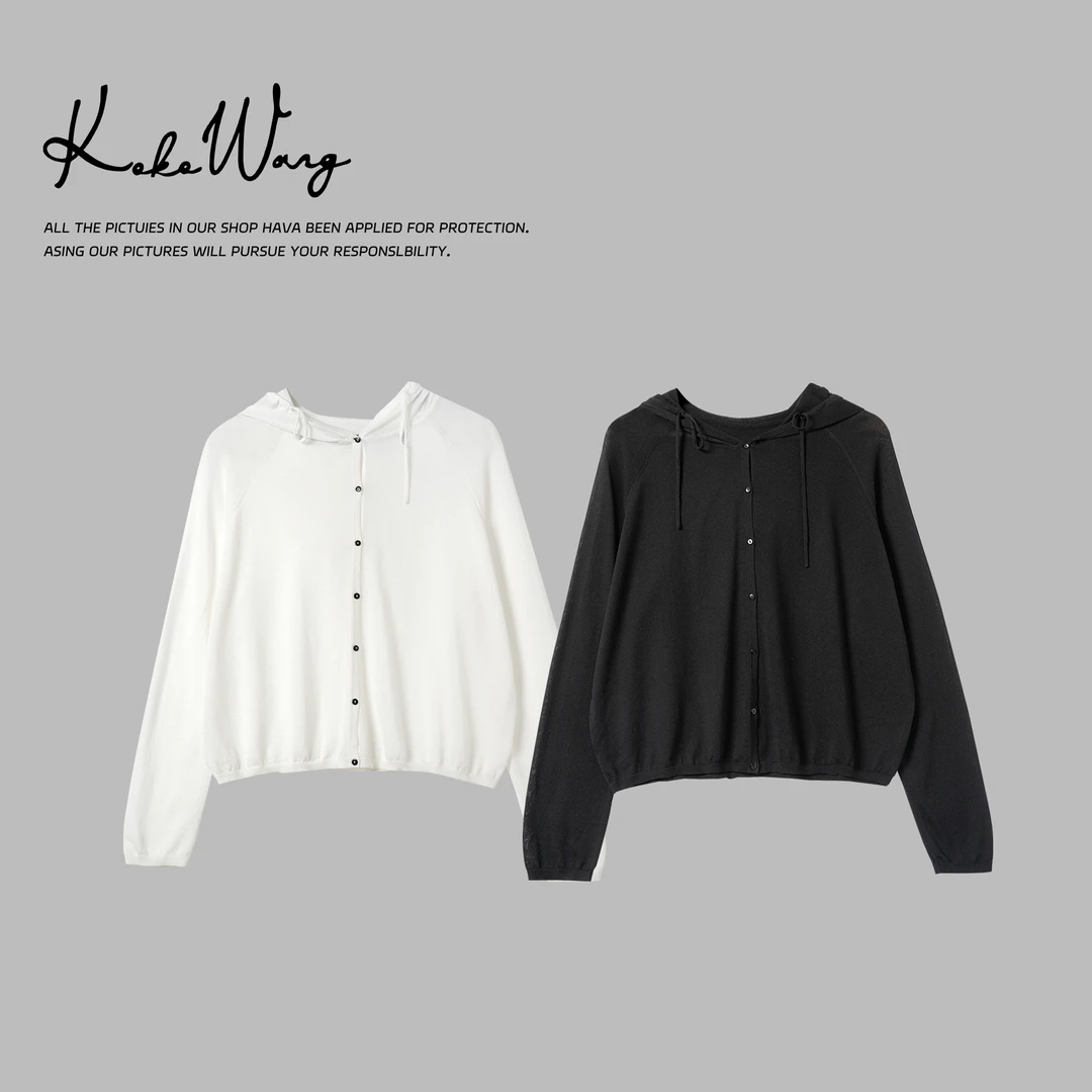 KOKOWANG夏季22针手工缝盘醋酸天丝凉感连帽针织开衫536515F09W21