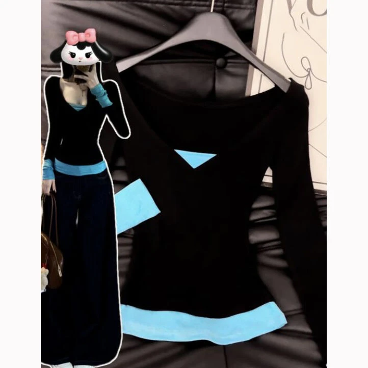 早春新款辣妹V领撞色假两件长袖t恤女2025修身显瘦打底衫上衣ins