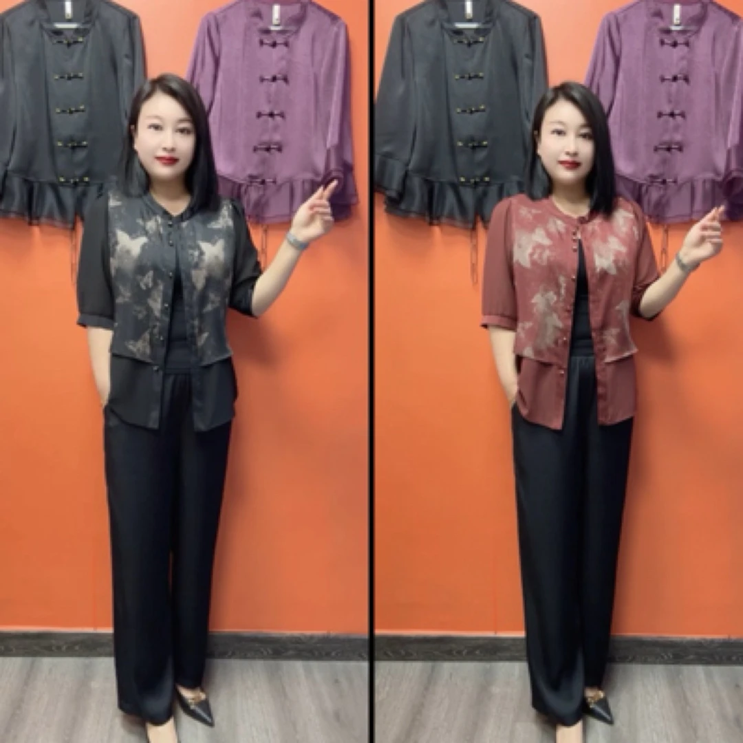 通勤知性新中式民族风时尚套装小衫休闲女士百搭套装裤子中式