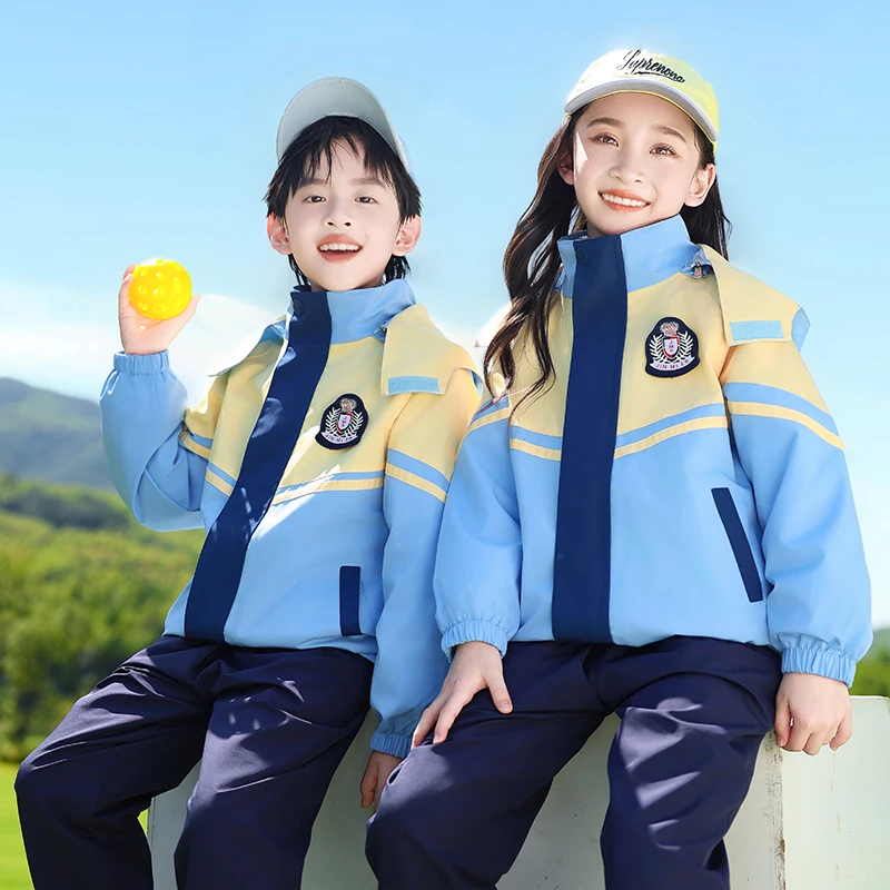小学生校服黄蓝冲锋衣三件套儿童运动会班服套装秋冬季幼儿园园服