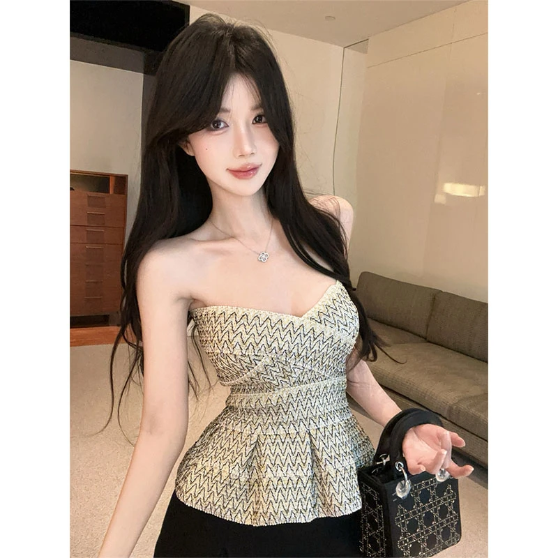 2025夏季新款辣妹金色弹力绷带抹胸混色背心上衣休闲百搭裙裤套装