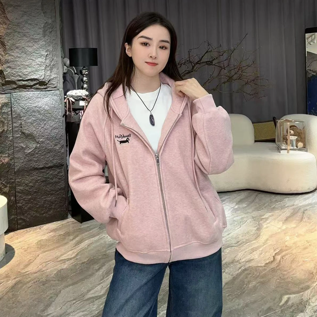 7280秋冬新款时尚宽松百搭连帽拉链加绒卫衣女外套