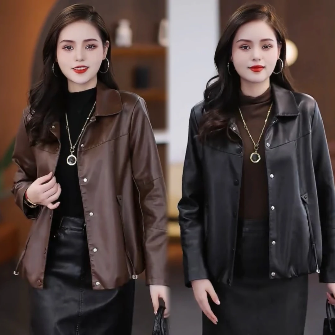 《精致女人专属》2025秋新款韩版休闲百搭海宁款软皮翻领皮衣外套